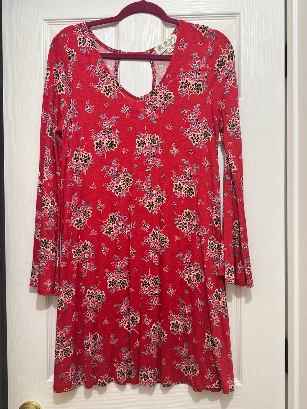 Pink Rose Red Floral V-Neck Swing Dress